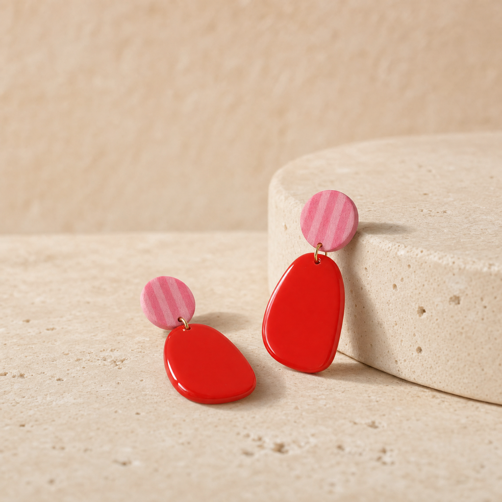 Aros colgantes Ibiza Red sobre piedra travertino, diseño artesanal chileno de PINNA